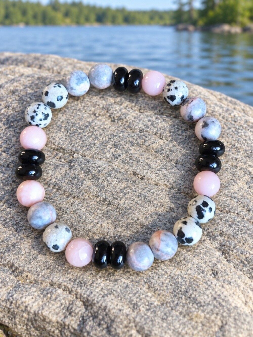 Black Onyx, Dalmatian & Pink Zebra Jasper Beaded Stretch Bracelet | Handmade
